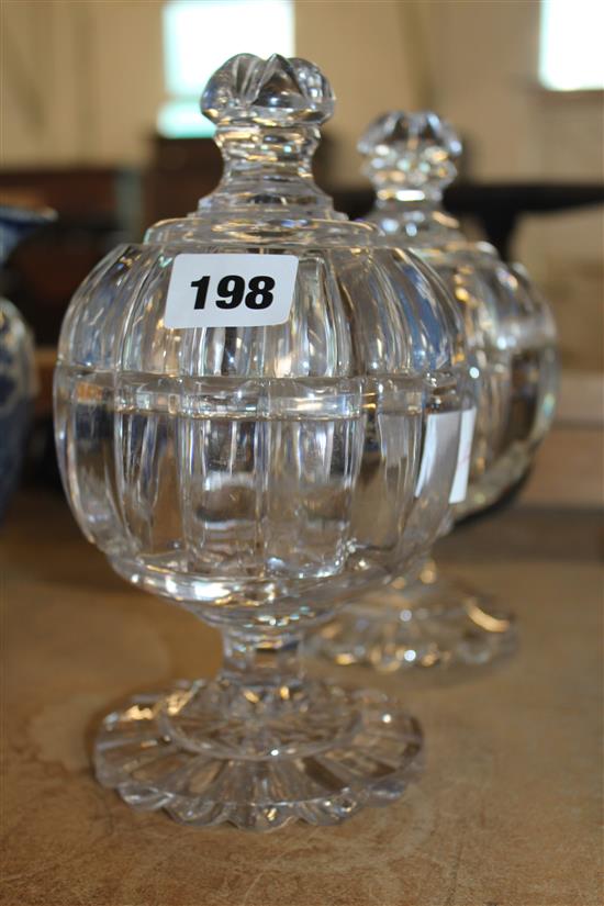 Pair Regency glass honey jars and covers